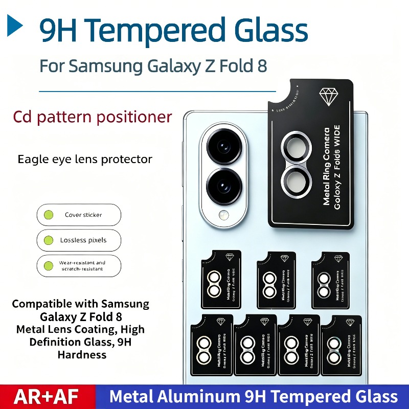 Tempered Glass Screen 9H - 1:1のサイズで、背面にぴったりとフィットする、9H強化ガラス製のレンズ保護フィルム。Samsung Galaxy Z Fold 8に対応。ARコーティングとAF機能を搭載し、傷防止効果があり、簡単に取り付け可能。